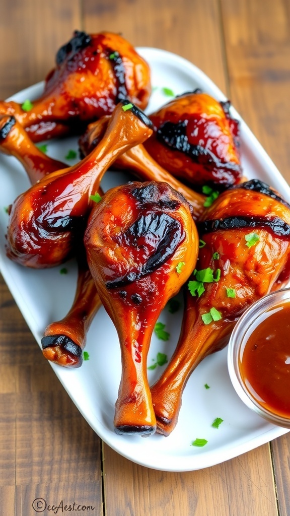 Smoked chicken drumsticks on a plate with barbecue sauce and herbs on a rustic table.